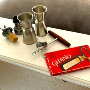Vintage bar ware cork screws shot glasses wine stopper